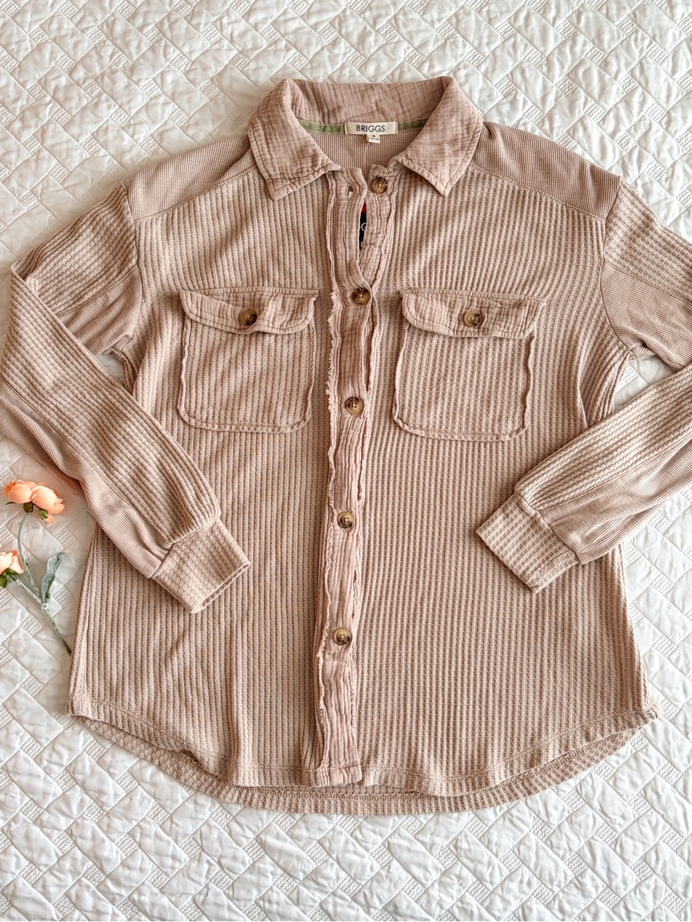 NWT Briggs Waffle Knit Button Up Shirt in Creamy Tan Size Medium Shacket